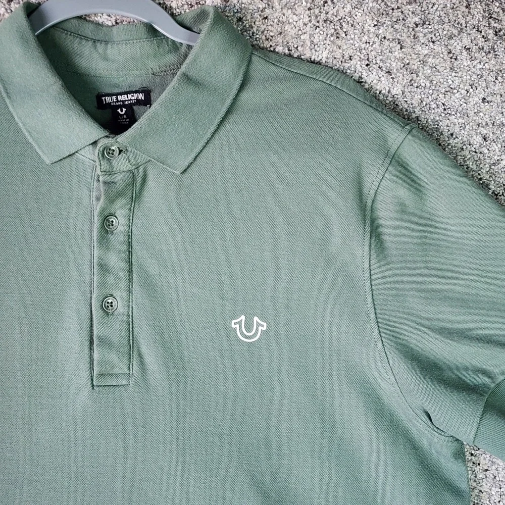 True Religion Polo Shirt Mens Large Green Short Sleeve Horseshoe Logo‎ Excellent